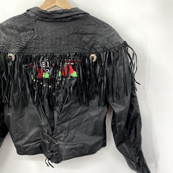 Vintage Leather Guns N Roses Fringe Embroidered Western Moto Jacket - Picture 1 of 7